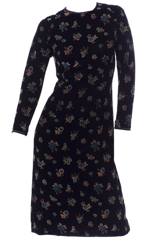Vintage Mid Century Black Velvet Hand Printed Floral Midi Dress