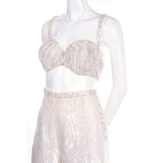 Natalie Cole 1970s White Beaded Evening Outfit W Pants Bustier Shrug & Headband