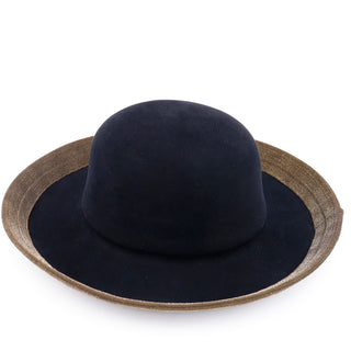 1990s Patricia Underwood Vintage Wool Black Hat w Gold Metallic Trim Medium