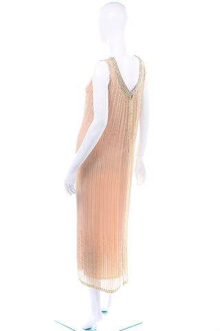 Vintage Claire Dratch boutique Beaded Peach silk dress with Gold lame stripes