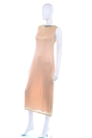1990s Vintage Claire Dratch boutique Beaded Peach silk dress with Gold lame