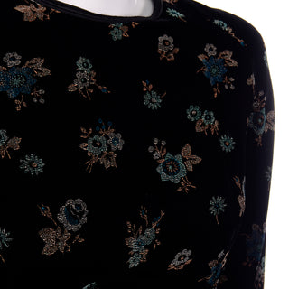 Vintage Mid Century Black Velvet Hand Printed Floral Midi Dress Unique Print