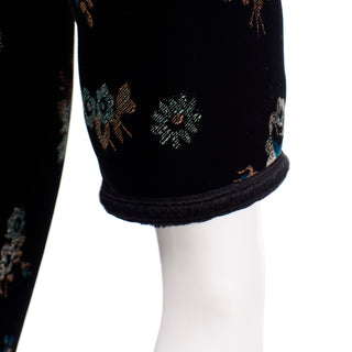 Vintage Mid Century Black Velvet Hand Printed Floral Midi Dress Silk