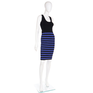 Prada Black Knit Scoop Neck Tank Dress With Blue Stripes 2000s