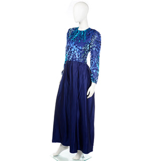 Vintage Richilene Blue Burnout Velvet & Satin Evening Dress w taffeta skirt