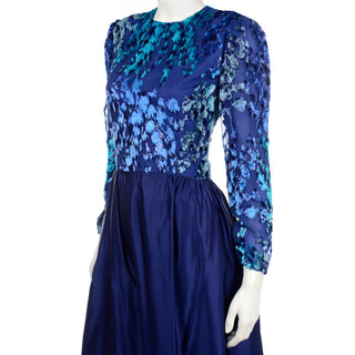 Vintage Richilene Blue Burnout Velvet & Satin Evening Dress fitted waist