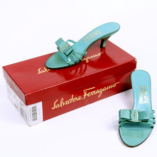 1990s Salvatore Ferragamo Turquoise Blue Bow Sandals with box
