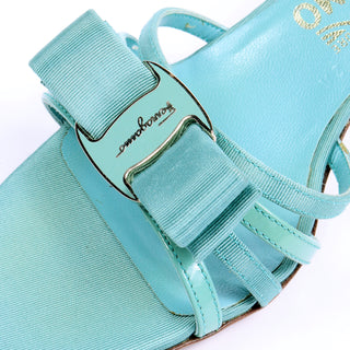1990s Salvatore Ferragamo Turquoise Blue Bow Sandals Size 7N Monogram enamel buckle
