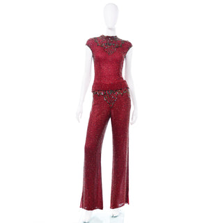 Vintage Burgundy Red Beaded Pants Top Holiday Outfit Evening 