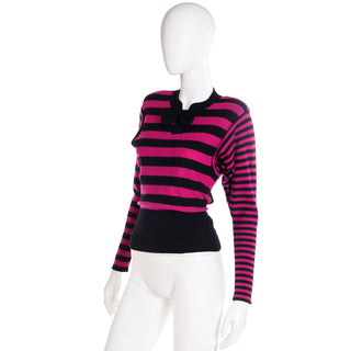 Rare 1980s Sonia Rykiel Black & Magenta Pink Striped Wool Sweater
