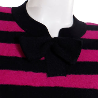 1980s Sonia Rykiel Black & Magenta Pink Striped Wool Sweater with bow and belt