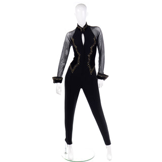 Vintage Tadashi Shoji Black Jumpsuit with Rhinestones & Studs Sheer Mesh