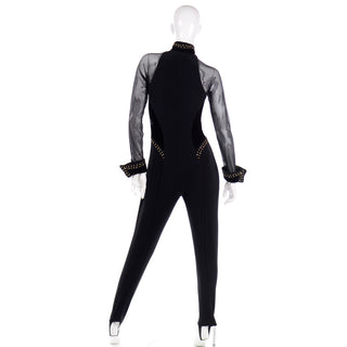 Vintage Tadashi Shoji Black Jumpsuit with Rhinestones & Studs Sheer sleeves