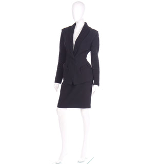 2 Piece Thierry Mugler Black Ribbed Vintage Skirt and Blazer Suit French size 42