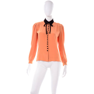 Orange Silk Valentino Vintage Blouse with Brown Velvet Trim and Tie