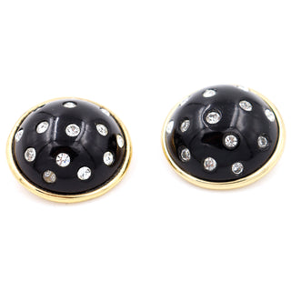 1980s Yves Saint Laurent Black & Gold Dome Earrings w Rhinestones Modig YSL Collection