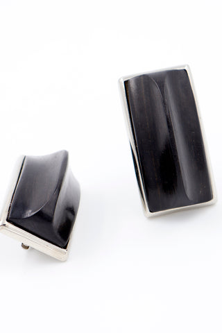 1980s Yves Saint Laurent Black & Silver Rectangular Wood Earrings