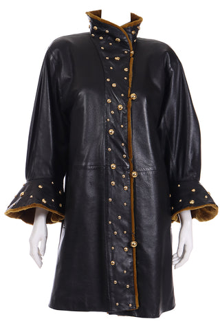 Yves Saint Laurent Vintage Black Leather Coat W Gold Studs & Sheared Fur