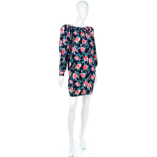 1980s Yves Saint Laurent Silk Rose Print Dress W Low Back YSL