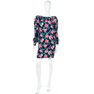 YSL 1980s Yves Saint Laurent Silk Rose Print Dress W Low Back
