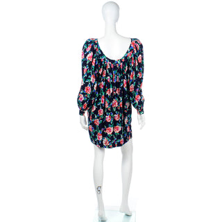 1980s Yves Saint Laurent Silk Rose Print Dress W Low Back made in France