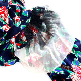 1980s Yves Saint Laurent Silk Rose Print Dress W Low Back & Tulle lining