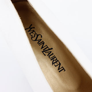 1980s YSL Shoes Yves Saint Laurent White Silk Pumps Size 9 unworn heels