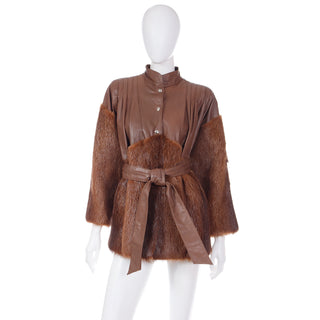 1980s Yves Saint Laurent Fourrures Brown Leather Belted Jacket W Fur