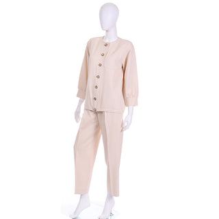 YSL 1980s Yves Saint Laurent Natural Cotton 2 Pc Jacket & Trouser Suit