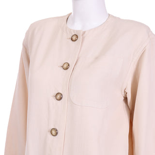 1980s Yves Saint Laurent Natural Cotton 2 Pc Button Front Jacket & Trouser Suit