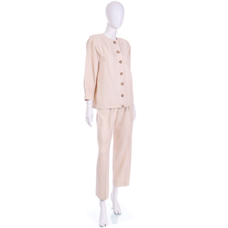 Vintage 1980s Yves Saint Laurent Natural Cotton 2 Pc Jacket & Trouser Suit