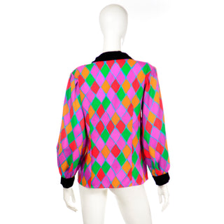 1990 Yves Saint Laurent Colorful Diamond Harlequin Print Runway Blouse in pinks and green