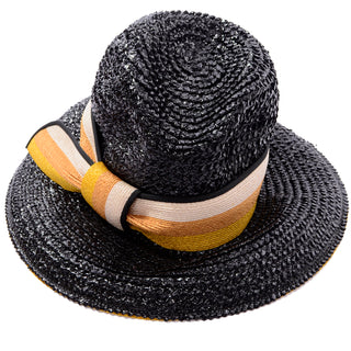 1960s Yves Saint Laurent Black Straw Hat w Striped Ribbon Deadstock
