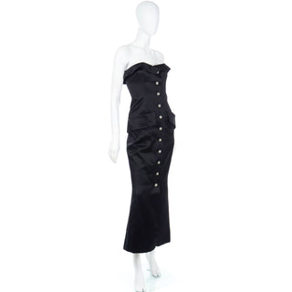 1985 Yves Saint Laurent Black Satin Strapless Gown with Flap Pockets