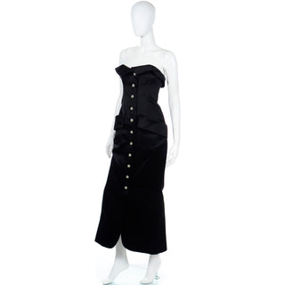 1980s Yves Saint Laurent Black Satin Strapless Gown