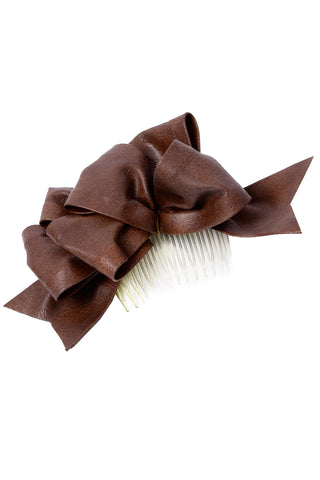 Vintage 1980s Brown Leather Bow Hair Comb