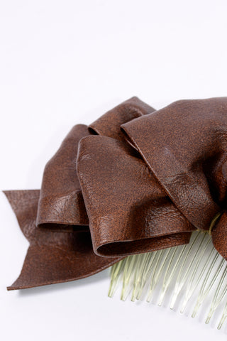 1980s Vintage Oversized Brown Faux Leather Bow Hair Comb
