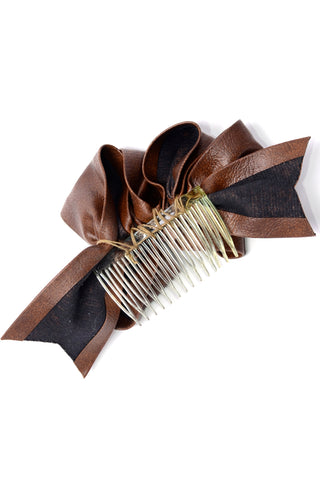 1980s Vintage Oversized Brown Faux Leather Bow Hair Comb