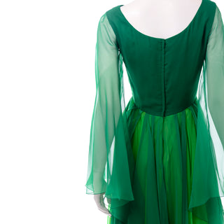 Vintage 1970s Silk Chiffon Evening Dress in Multi Shades of Green Bell Sleeves