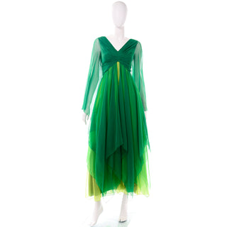 Vintage 1970s Silk Chiffon Evening Dress in Multi Shades of Green Lime Emerald 