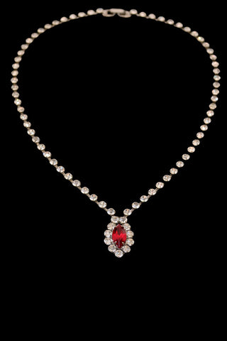 1960s Rhinestone Necklace w/ Red Center Gemstone
