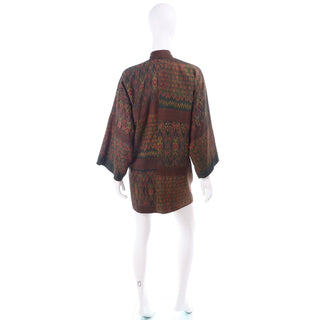 1960s Vintage Olive Green Rust Print Kimono Jacket Open front