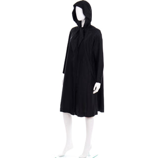 50s 1950s Vintage Black Silk Hooded Coat W Striped Lining