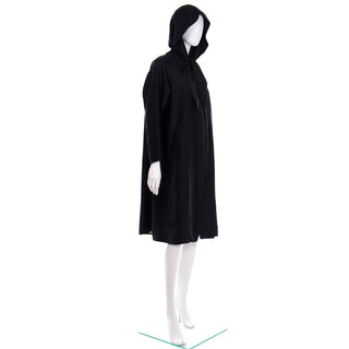 Vintage Black Silk Hooded Coat With Striped Lining 1950s