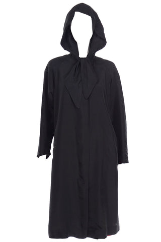 1950s Vintage Black Silk Hooded Coat With Striped Lining