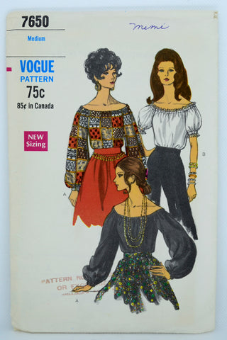 1969 Vogue 7650 Vintage Peasant Blouse Sewing Pattern 60s