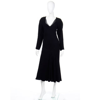 1990s Wayne Clark Vintage Black Bias Cut Evening Dress Organza trim