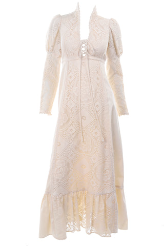 1970s Gunne Sax Cream Wedding Dress w/ Lace Leg of Mutton Sleeves