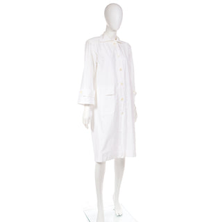1980s Yves Saint Laurent Vintage White Cotton Coat Tunic Shirt Dress with pockets and spread collar