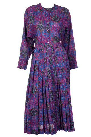 1980s Yves Saint Laurent Purple Floral Wool Challis Blouse & Skirt Outfit